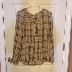 Tan/gray/red plaid Maurice’s blouse